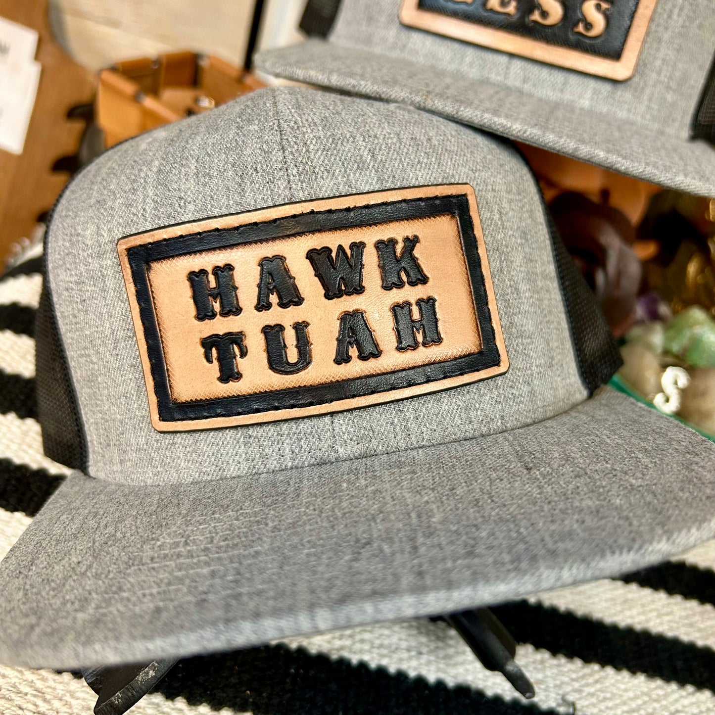 Say Less Leather Patch Trucker Hat