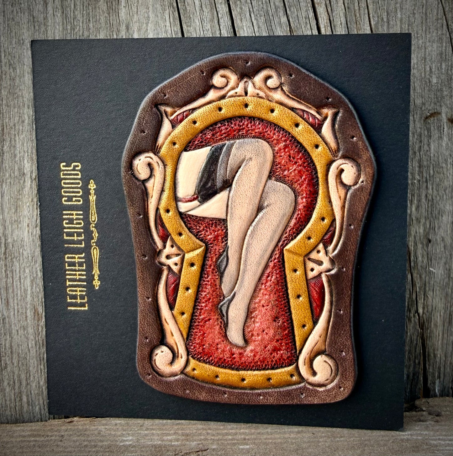 Pinup Legs Thru the Keyhole Leather Patch