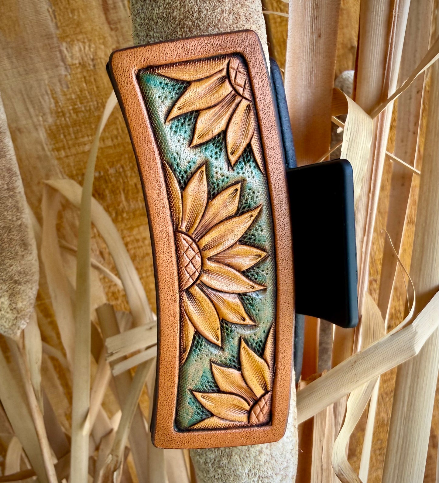 Sunflowers Tooled Leather Claw Clip